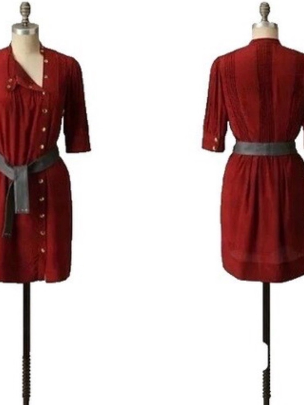 Anthropologie Madchen Red Silk Gold Snap Dress 6 Gray Leather Tie Luxury